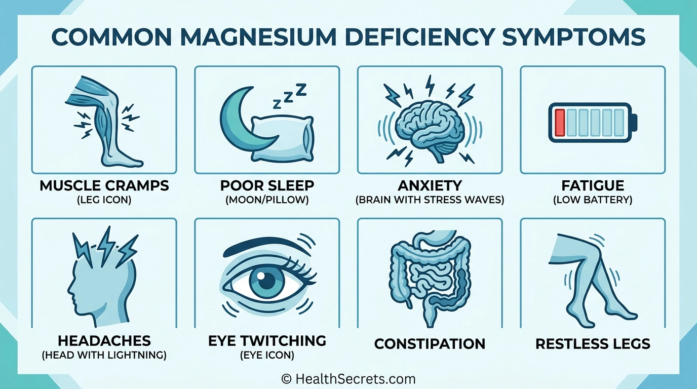Infographic showing eight common signs of magnesium deficiency including muscle cramps, poor sleep, anxiety, and fatigue