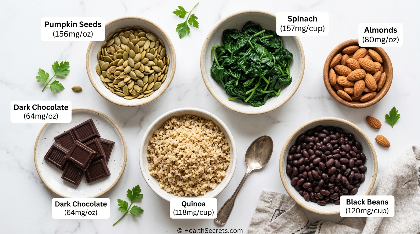 Top magnesium-rich foods with magnesium content per serving including pumpkin seeds, spinach, almonds, black beans, quinoa, and dark chocolate