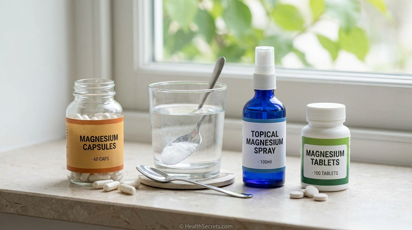 Various magnesium supplement forms including capsules, powder drink, topical spray, and tablets