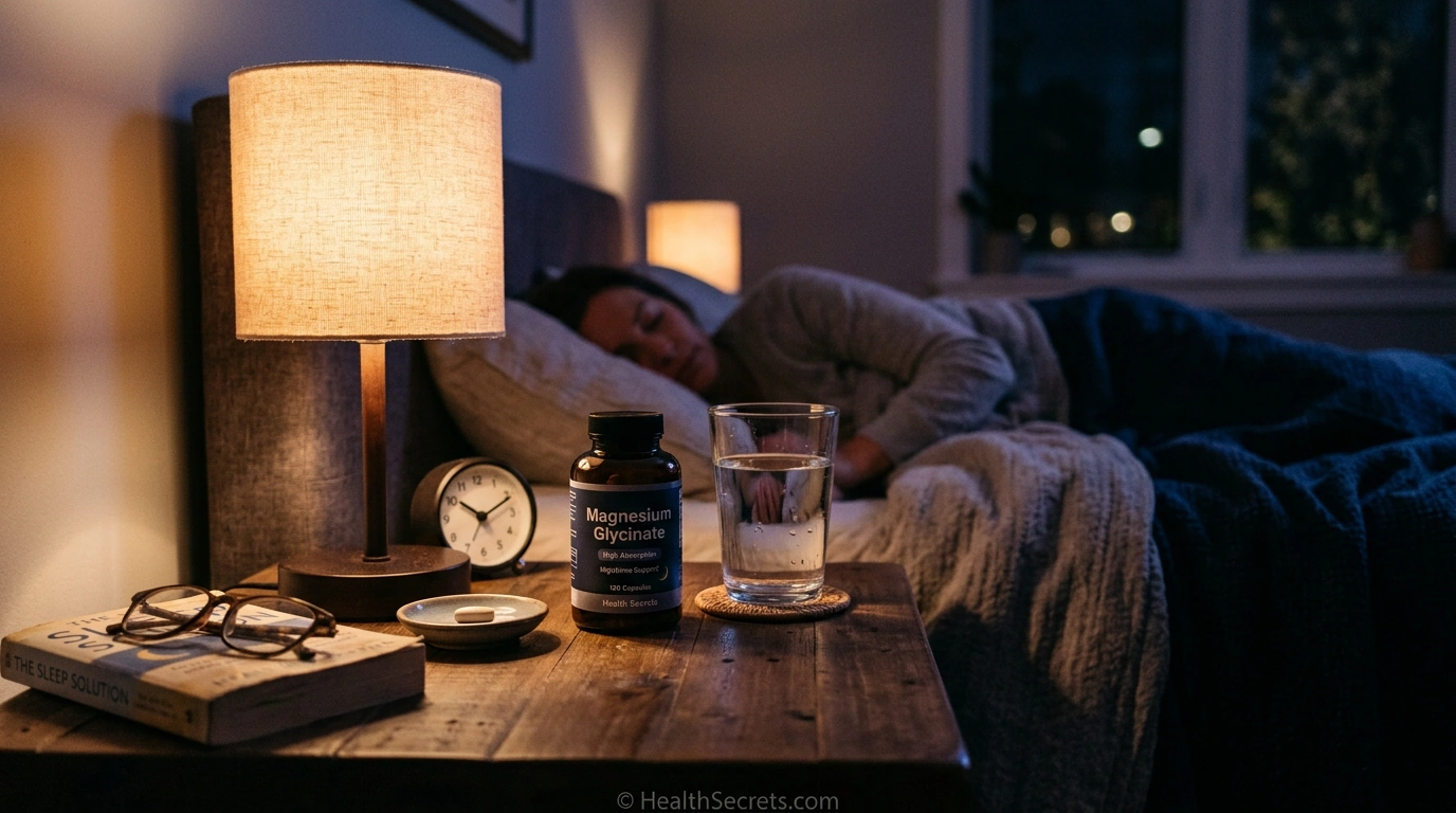 Bedside table with magnesium glycinate supplement and water glass illustrating an evening magnesium routine for better sleep