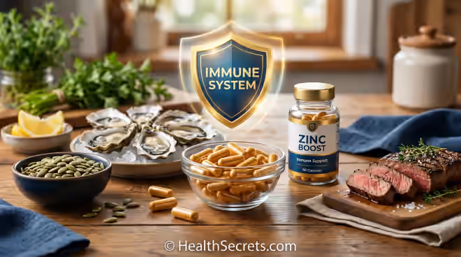 Zinc supplement capsules alongside zinc-rich foods including oysters and pumpkin seeds for immune and hormone support