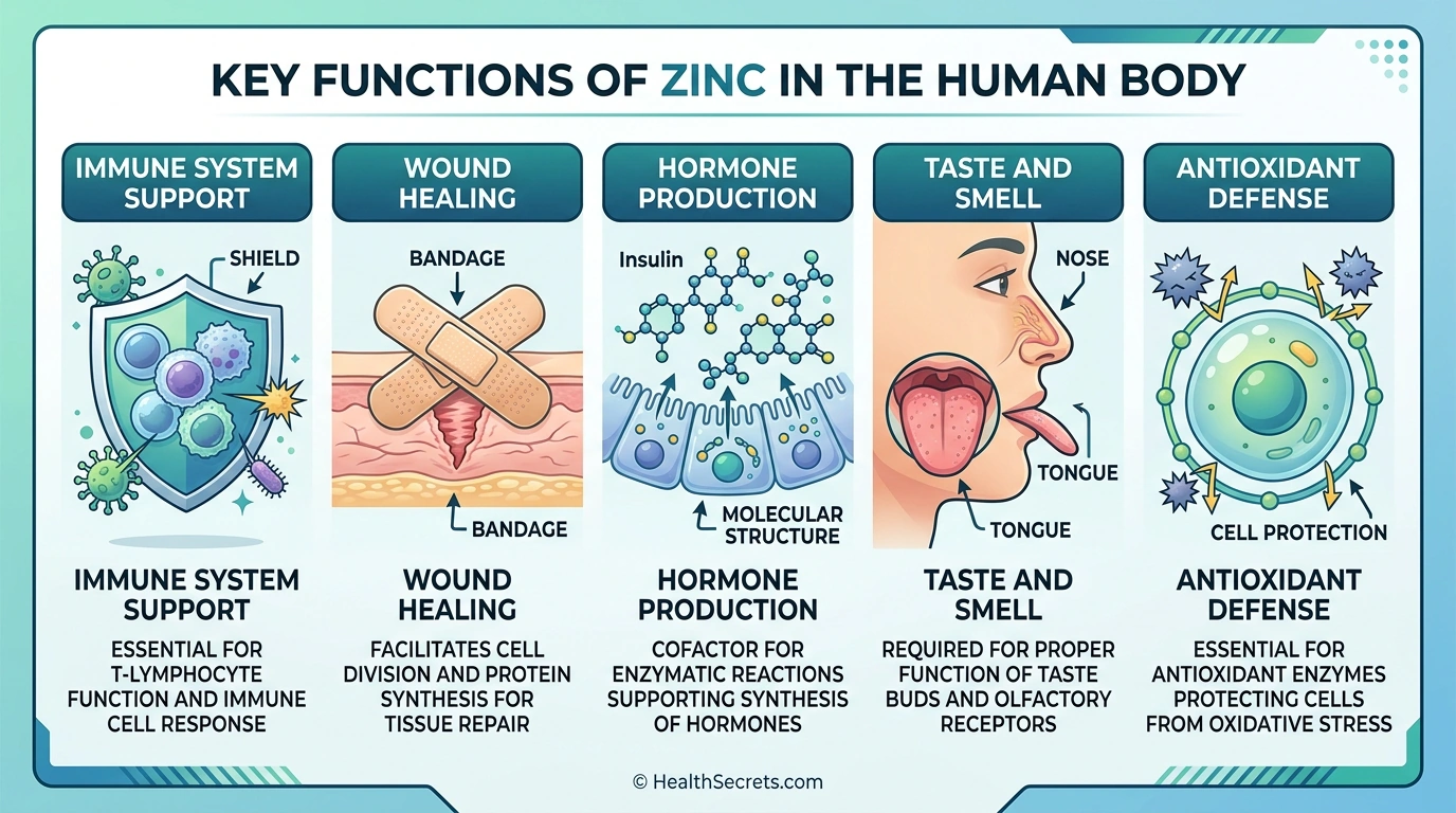 Infographic showing zinc functions in the body including immune support, wound healing, hormone production, and antioxidant defense