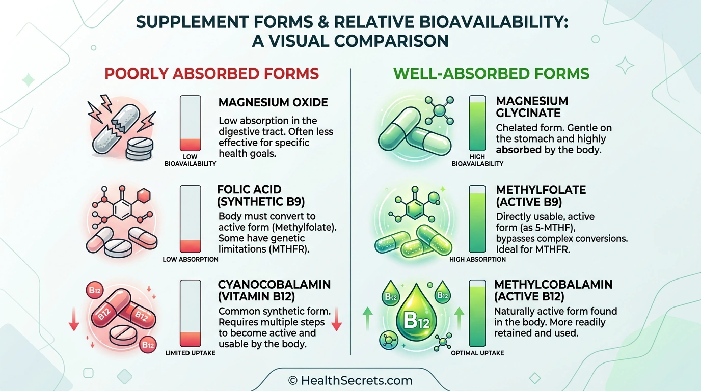 Comparison of supplement bioavailability showing chelated and methylated forms versus standard oxide and synthetic forms