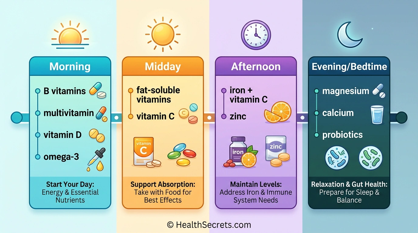 Daily supplement timing schedule showing morning afternoon and evening supplement windows