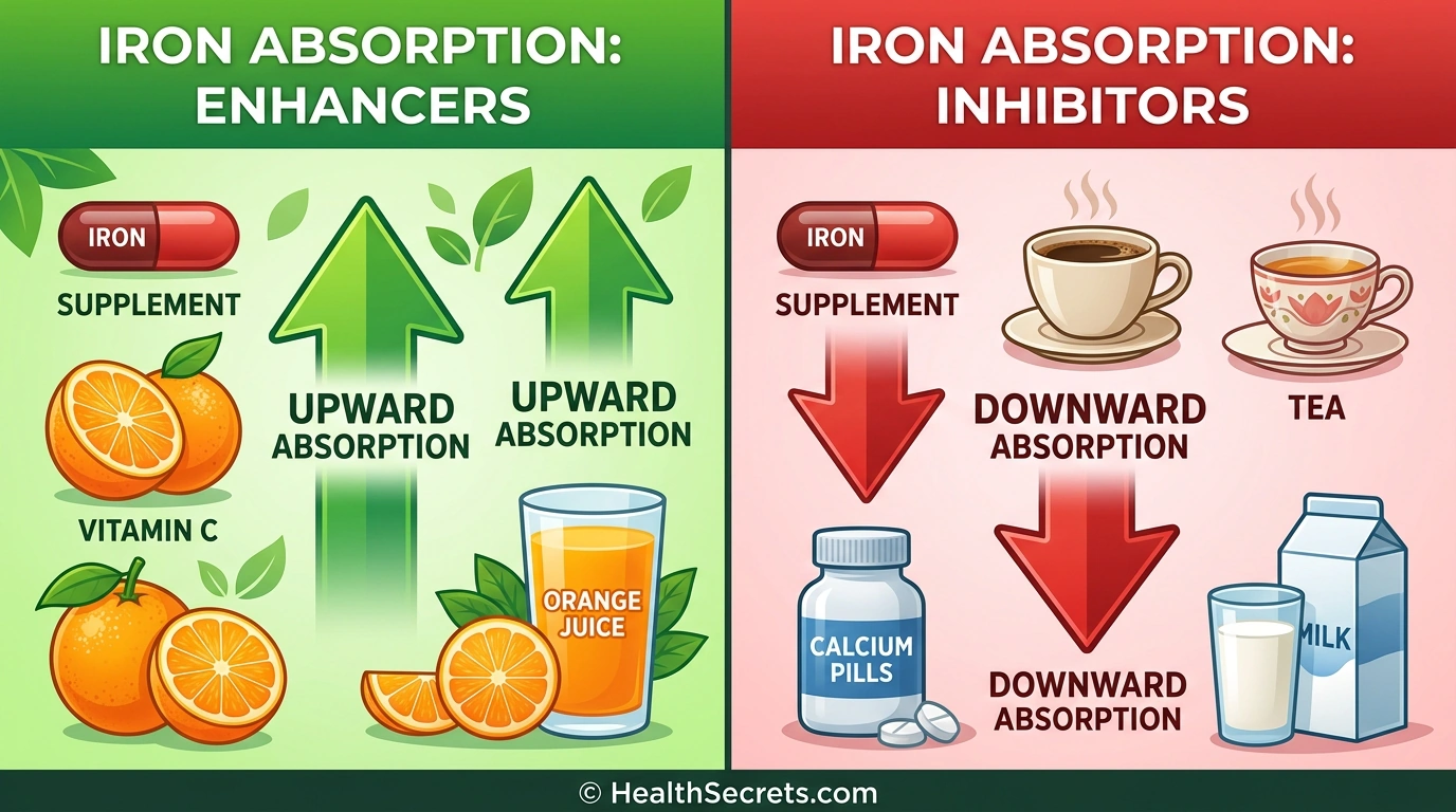 Iron absorption enhancers like vitamin C versus inhibitors like calcium coffee and tea