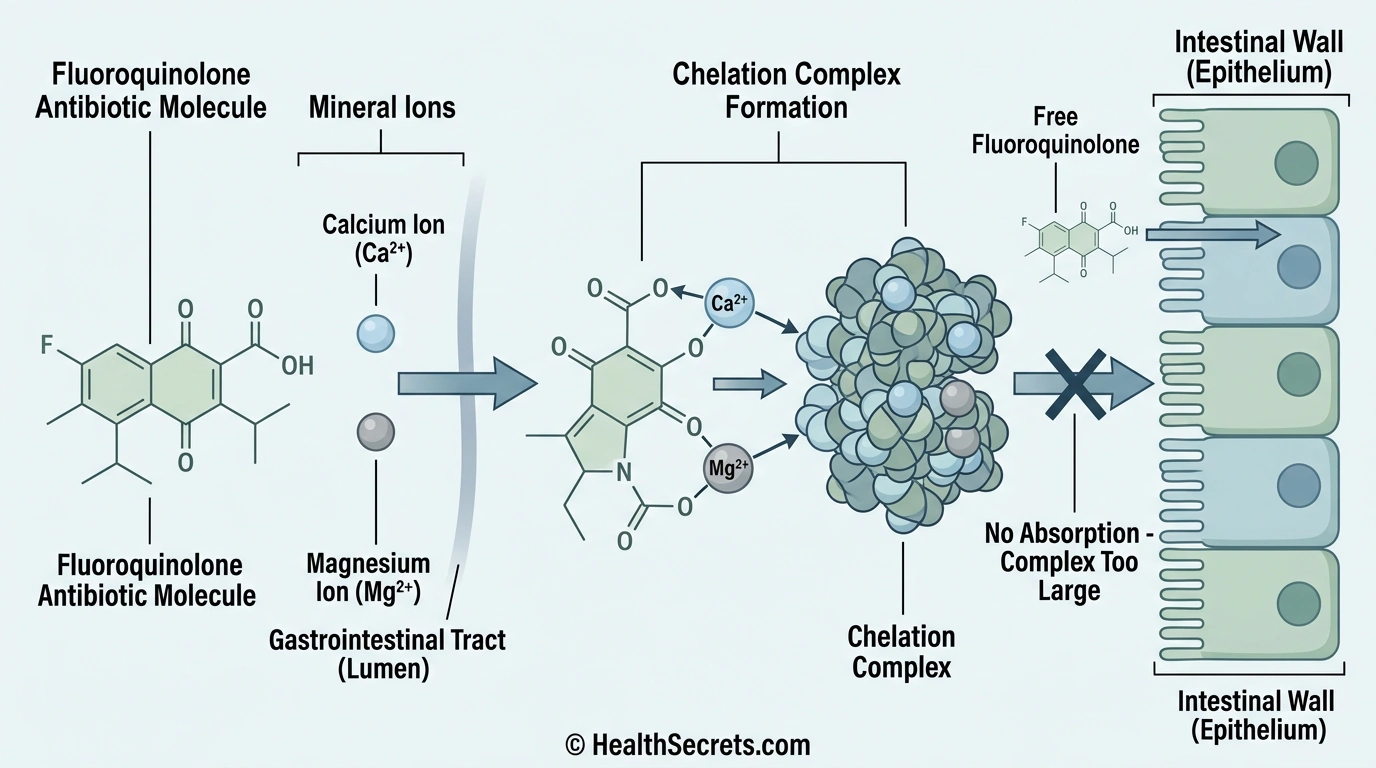 Diagram showing how mineral supplements chelate with antibiotics and block their absorption