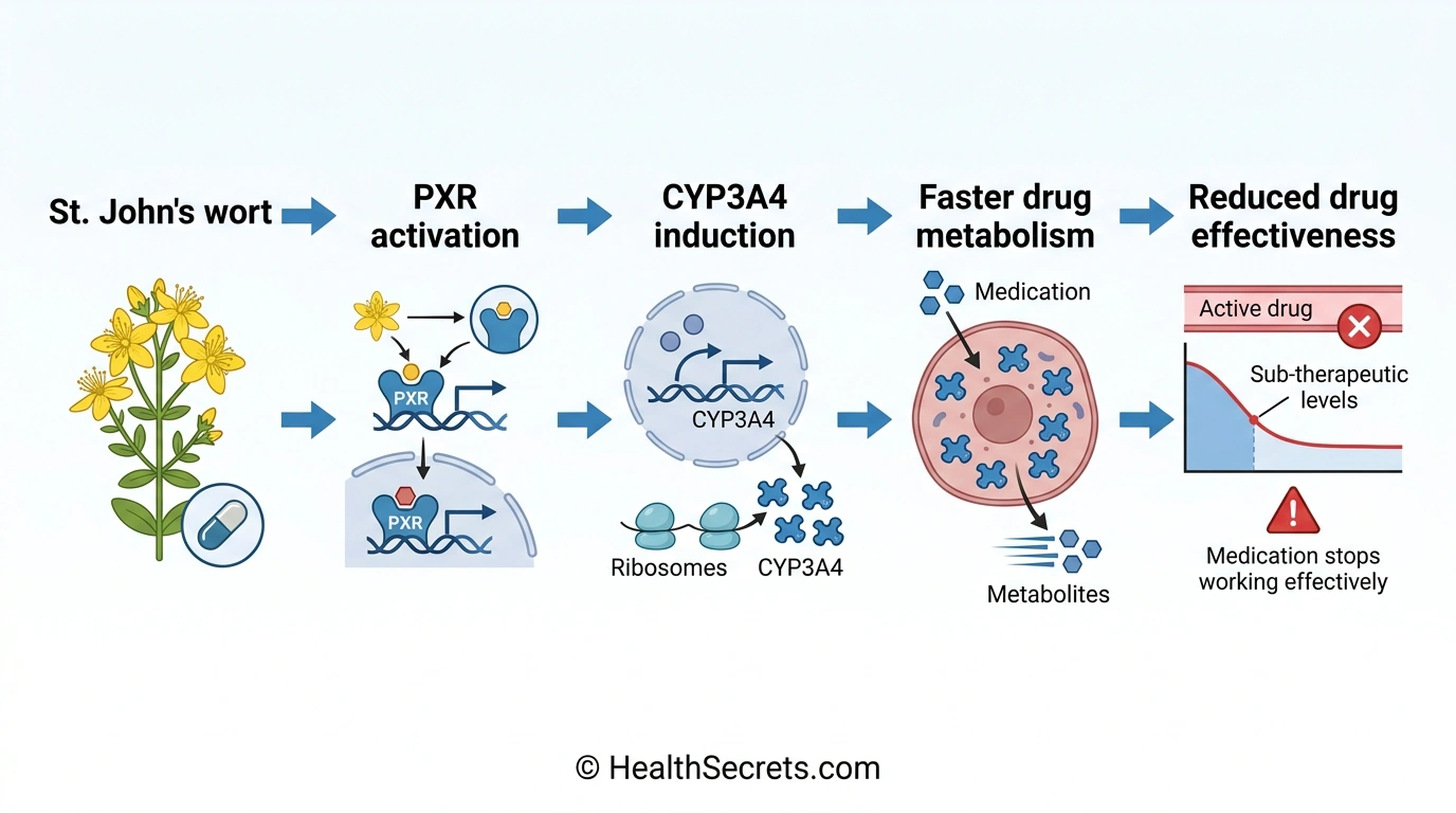 Infographic showing how St John's wort induces CYP3A4 enzymes and reduces medication effectiveness