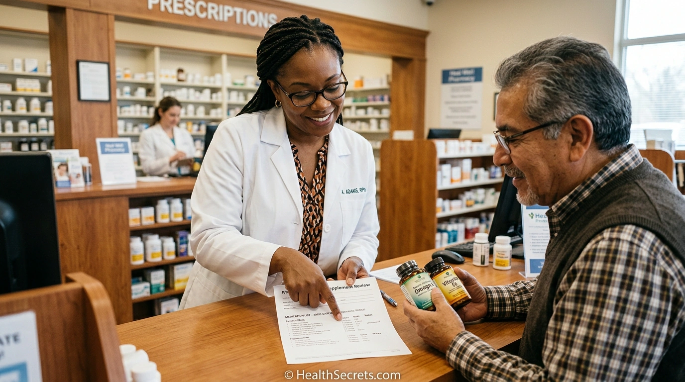 Pharmacist reviewing a patient's supplement and medication list for potential interactions