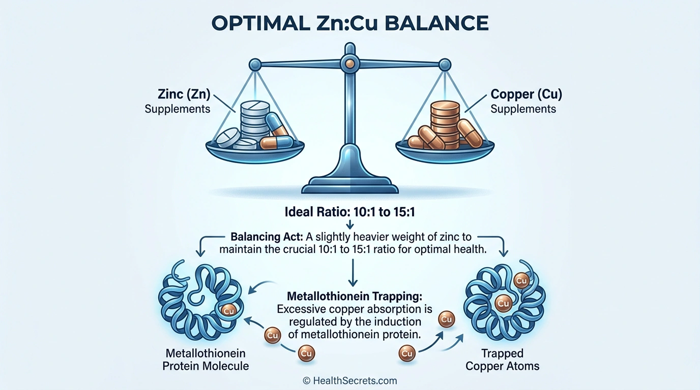 Illustration showing zinc to copper ratio balance and metallothionein copper-trapping mechanism
