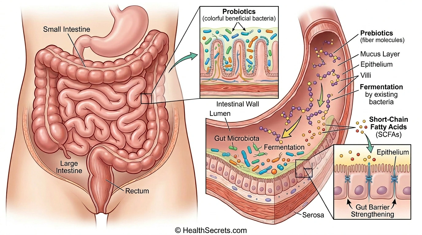 Scientific illustration showing how probiotics colonize the intestinal wall and prebiotics feed beneficial gut bacteria to produce short-chain fatty acids