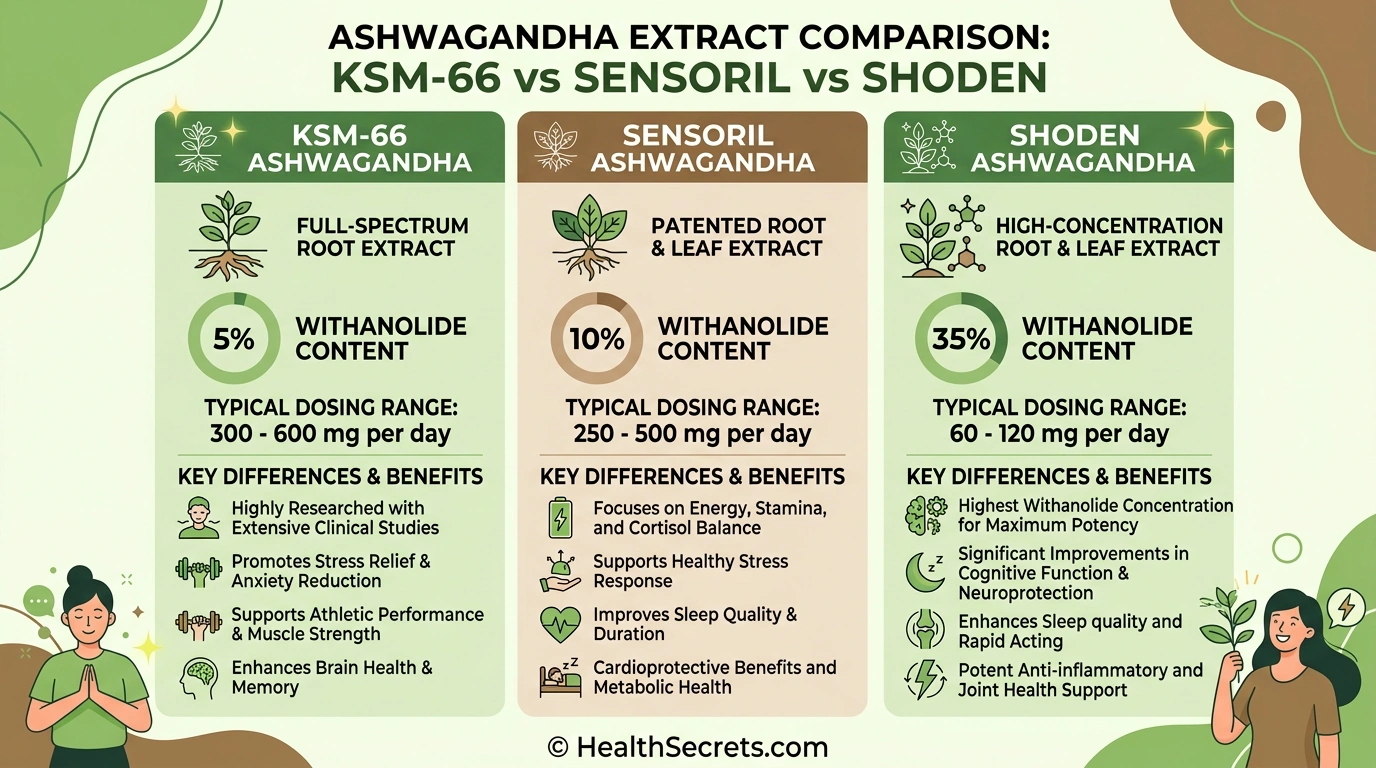 Comparison chart of KSM-66 Sensoril and Shoden ashwagandha extracts showing withanolide percentages and dosing
