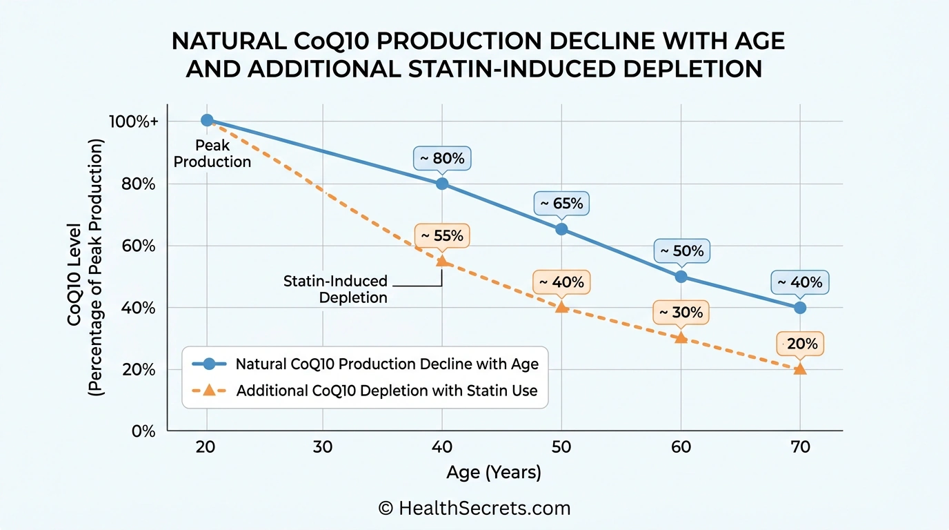 Chart showing natural CoQ10 production decline with age and additional depletion from statin medications
