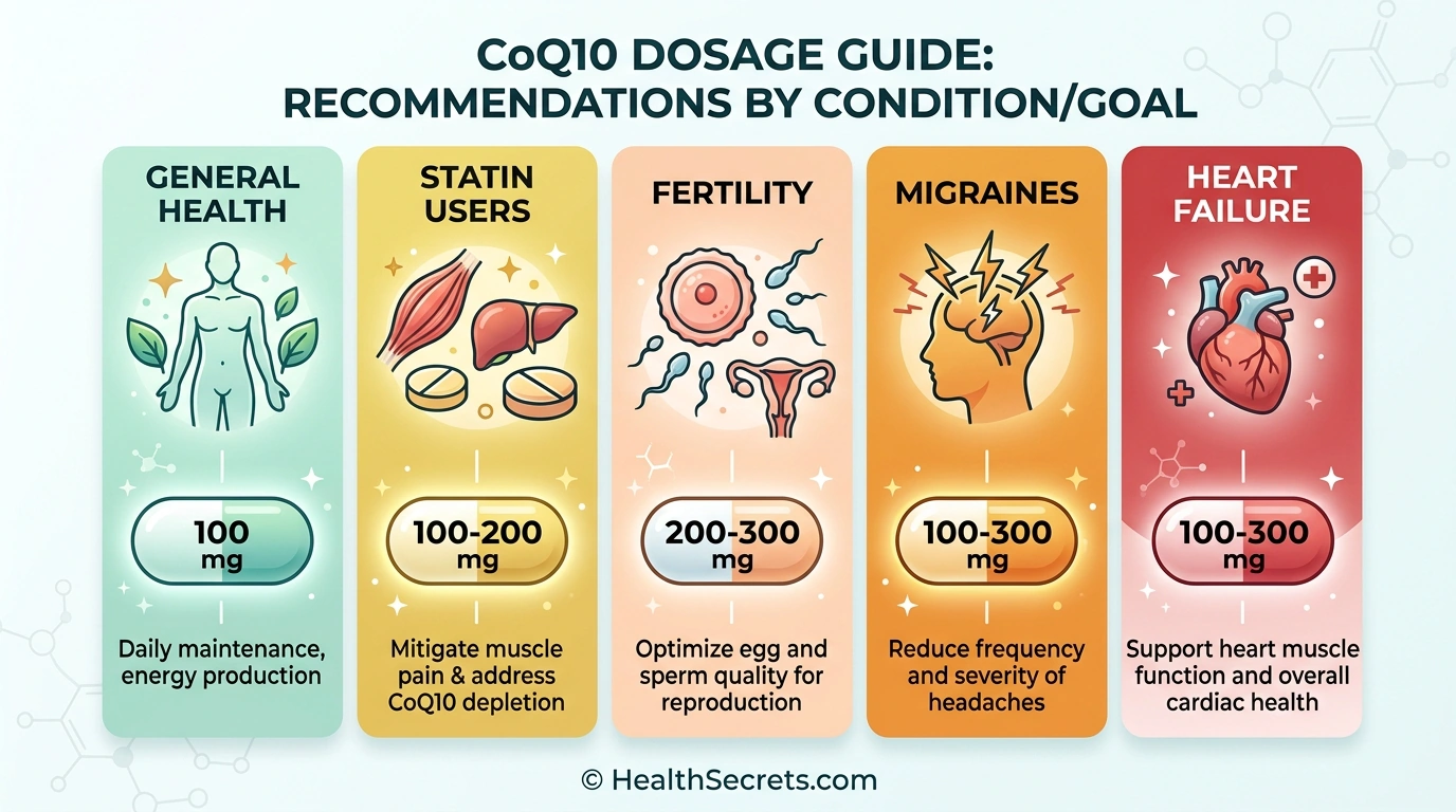CoQ10 dosing guide infographic showing recommended doses for different health conditions and goals