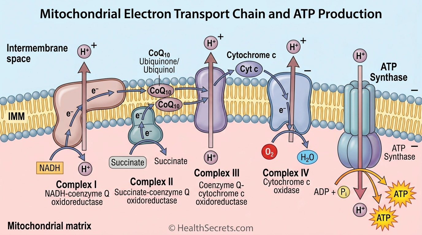 Diagram showing how CoQ10 transfers electrons in the mitochondrial electron transport chain to produce ATP energy