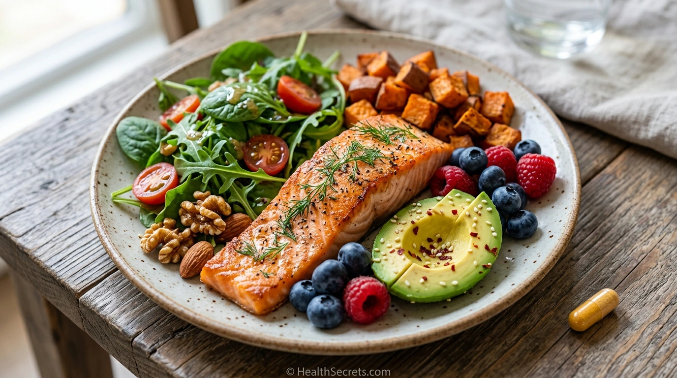 Nutrient dense whole food plate alongside multivitamin capsule illustrating food first supplement second philosophy