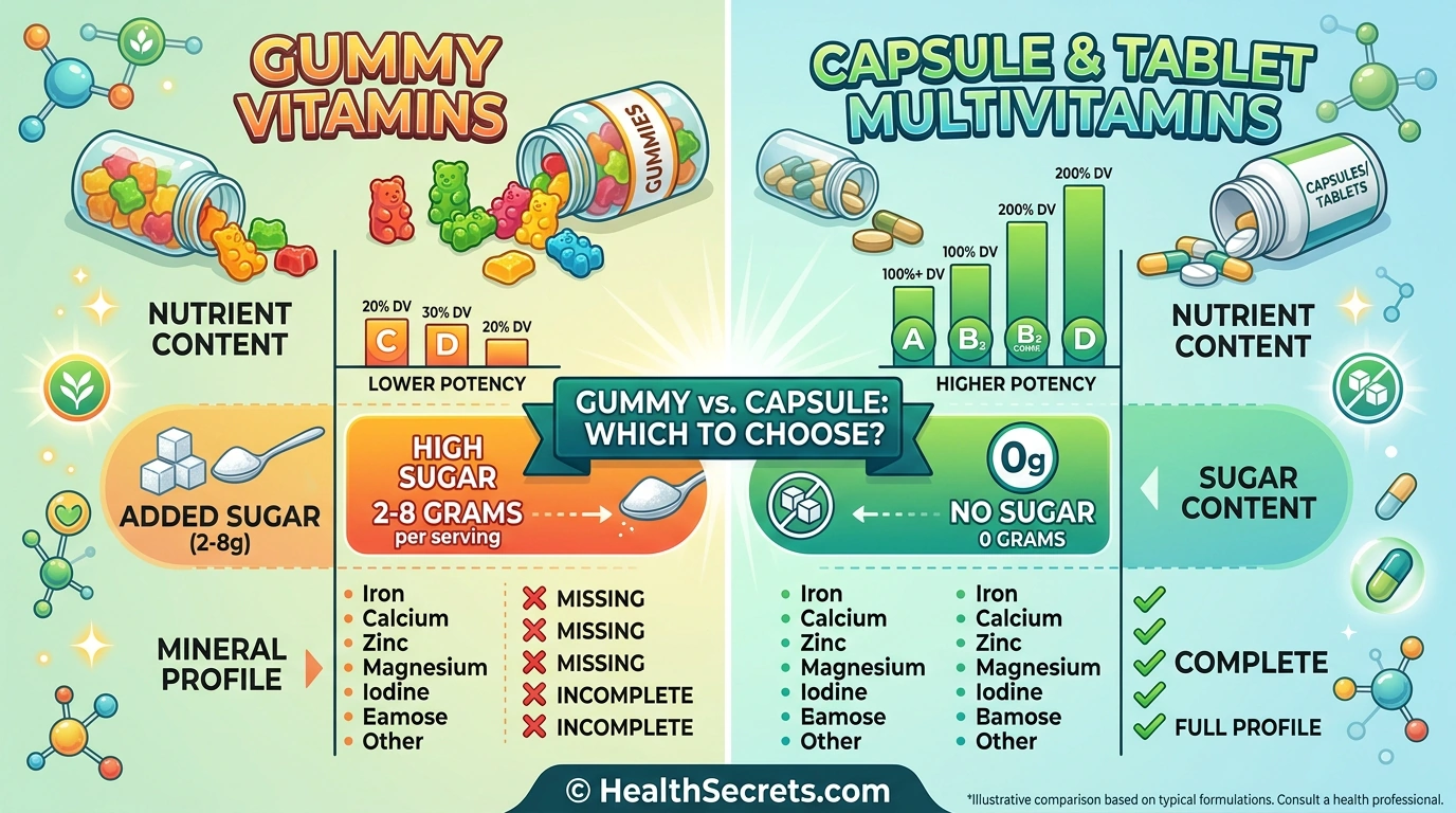 Comparison of gummy vitamins versus capsule multivitamins showing nutrient content sugar and mineral differences