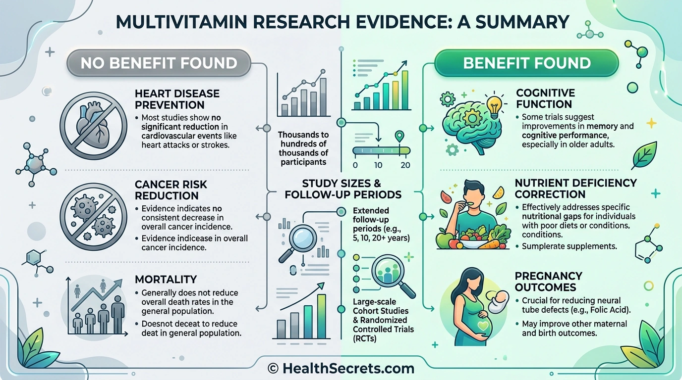Research evidence summary showing where multivitamins help and where they show no benefit based on large clinical trials