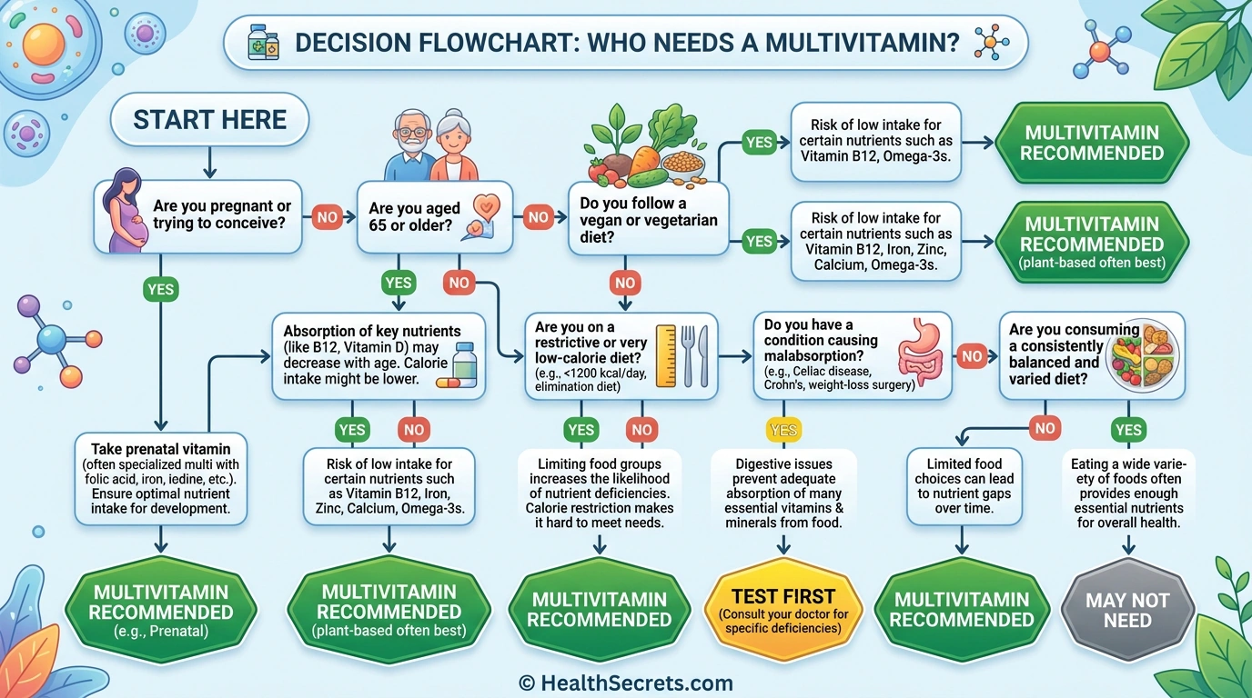 Decision flowchart showing who needs a multivitamin based on age diet pregnancy status and health conditions