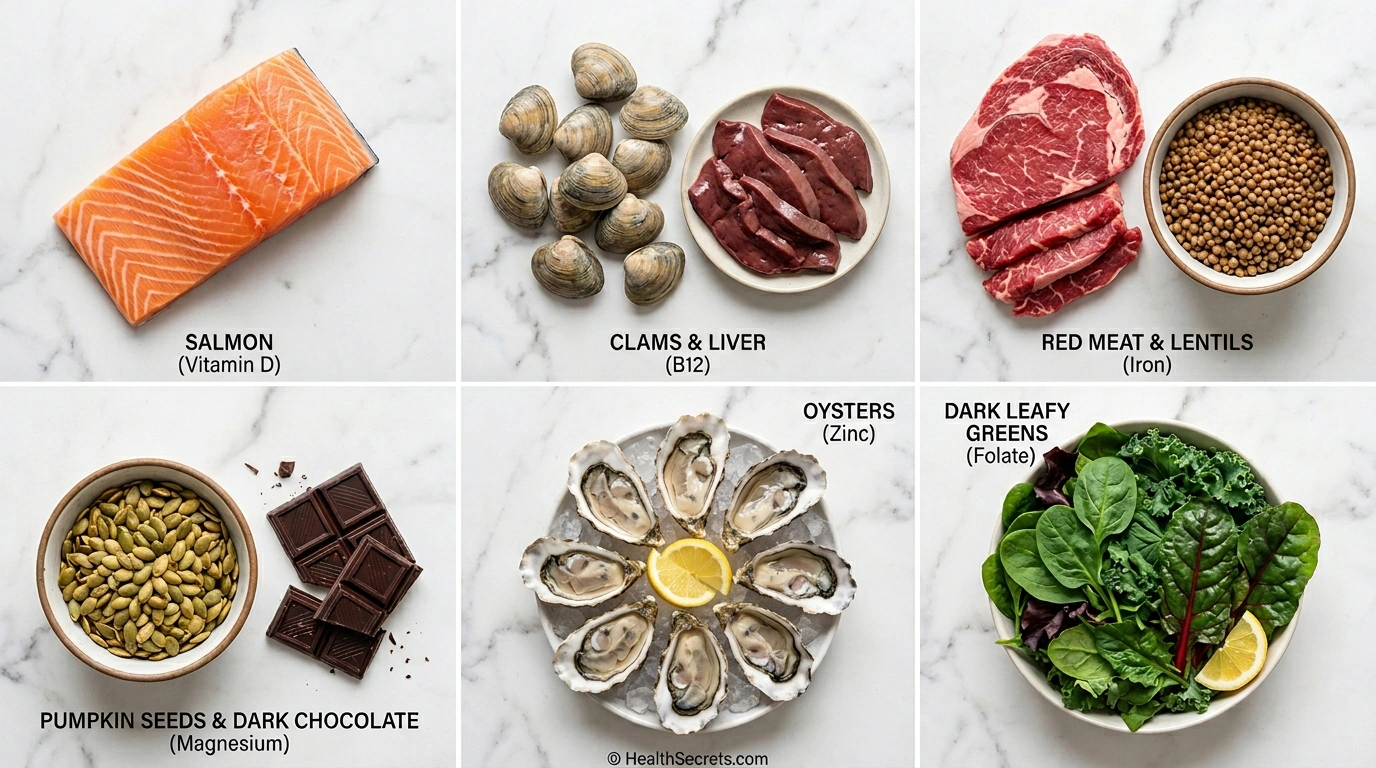Overhead view of nutrient-rich foods including salmon, liver, lentils, pumpkin seeds, oysters, and leafy greens for addressing common deficiencies