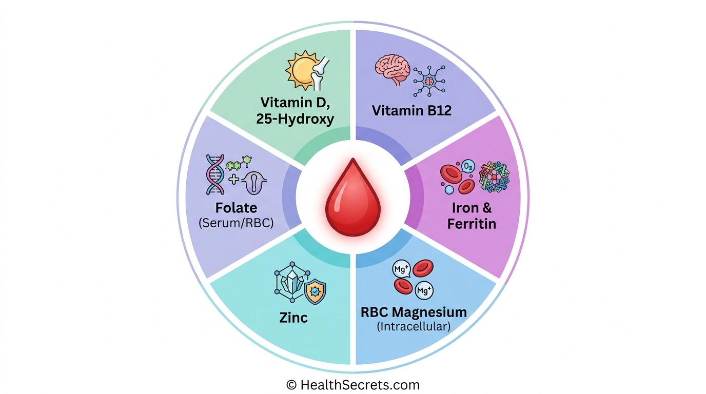 Circular diagram showing six essential nutrient deficiency tests including vitamin D, B12, iron panel, RBC magnesium, zinc, and folate
