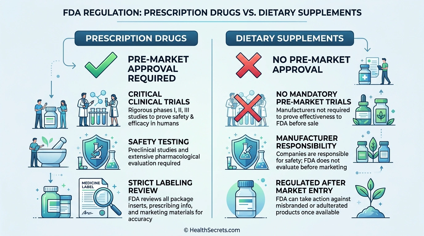 Infographic comparing FDA regulation of prescription drugs versus dietary supplements under DSHEA