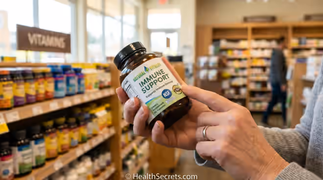 Consumer examining dietary supplement label for third-party testing certification and safety information