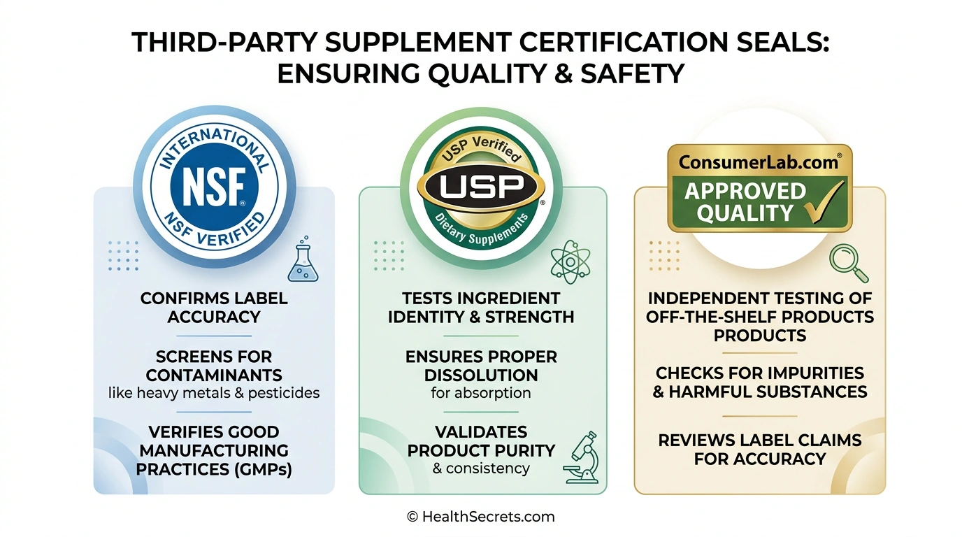 Third-party supplement testing certification seals from NSF International USP and ConsumerLab