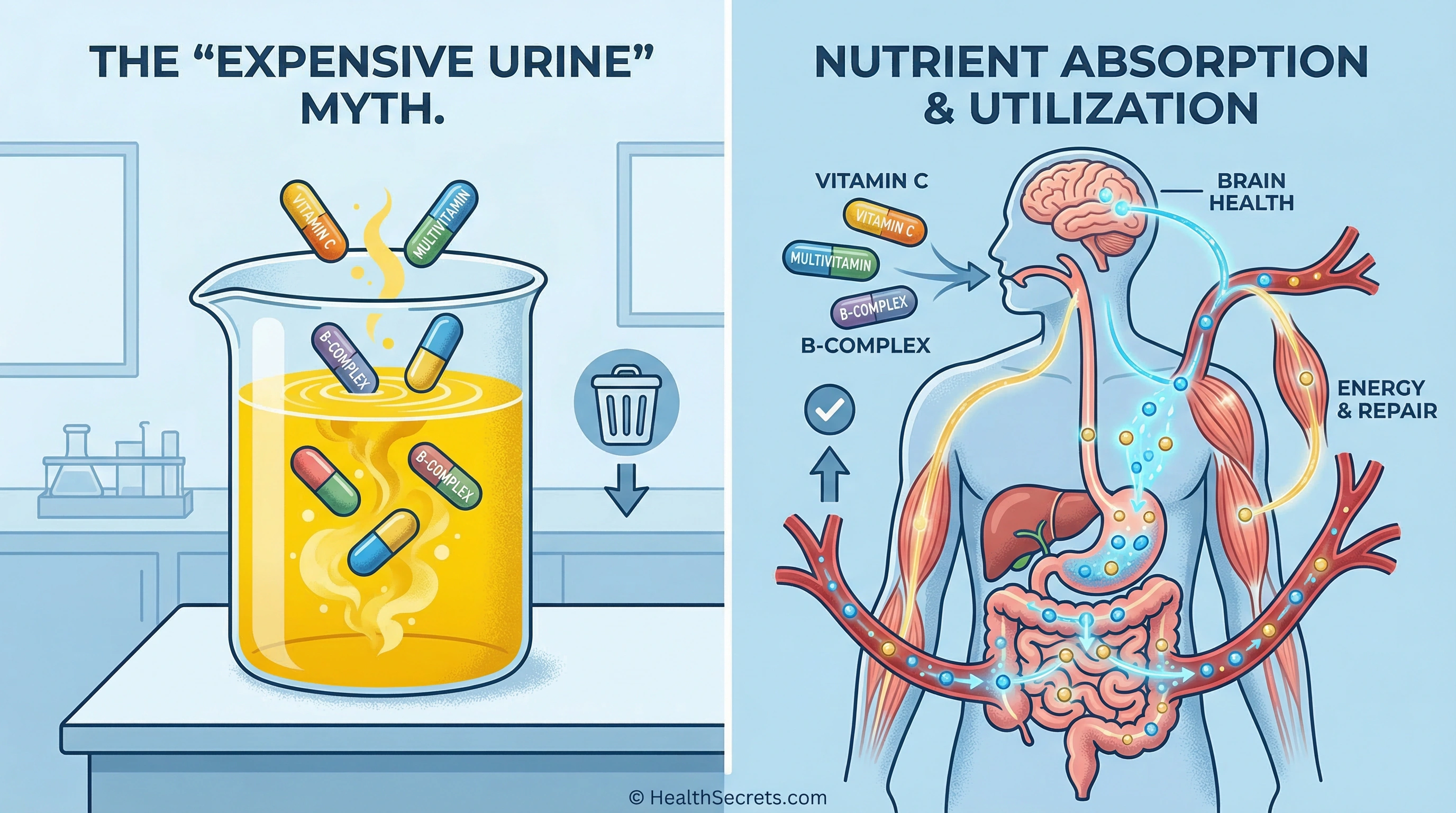 Infographic debunking the expensive urine supplement myth showing how the body absorbs nutrients before excreting excess