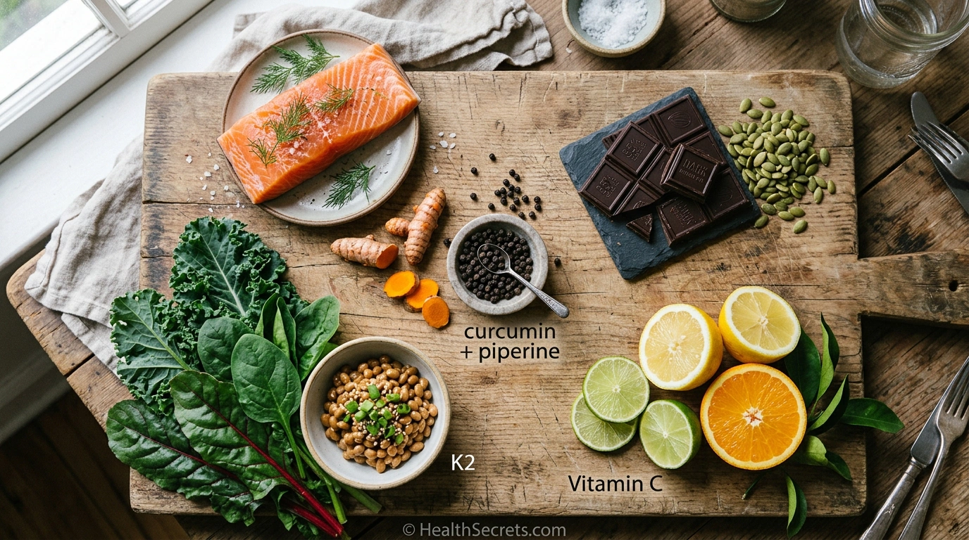 Whole food sources of synergistic nutrients including salmon, turmeric with black pepper, leafy greens, and citrus for supplement stacking