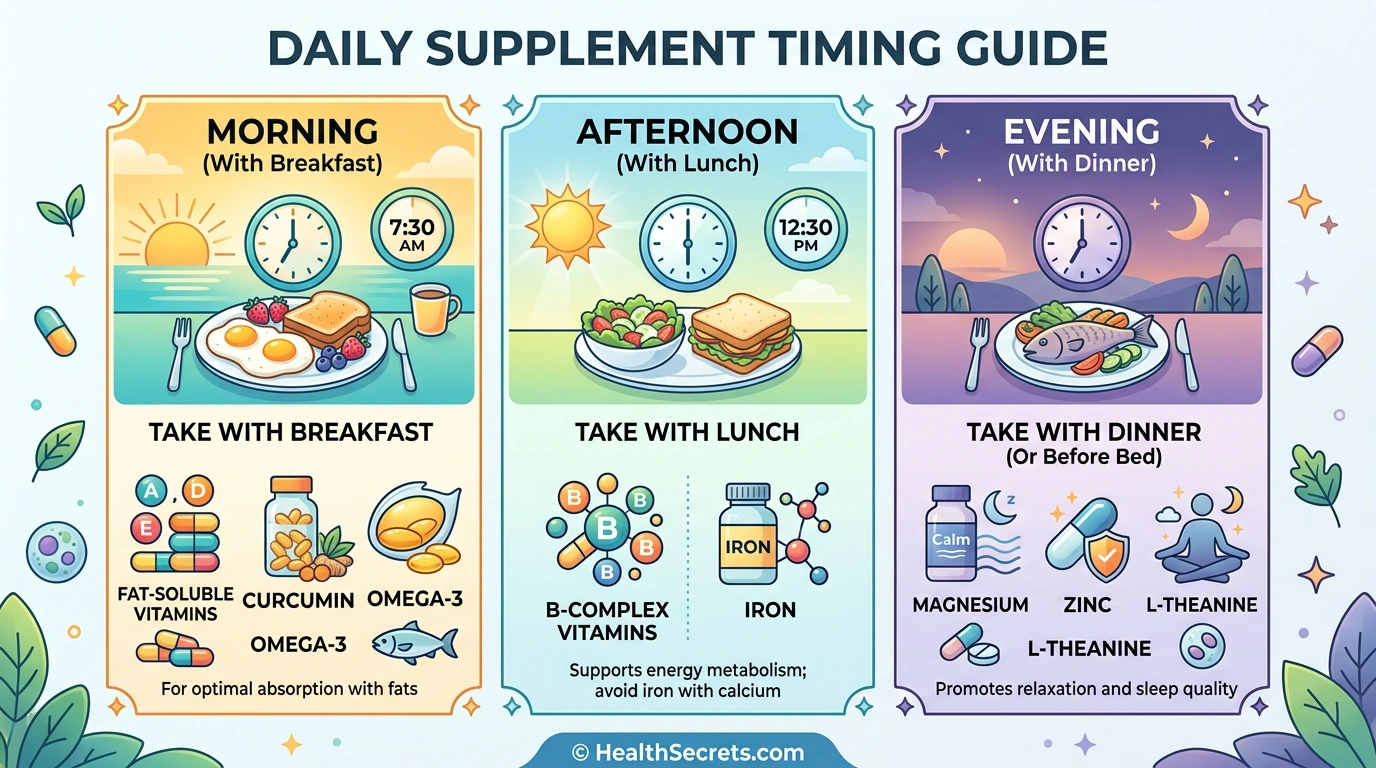 Daily supplement stacking timing schedule showing when to take different supplement combinations for optimal absorption